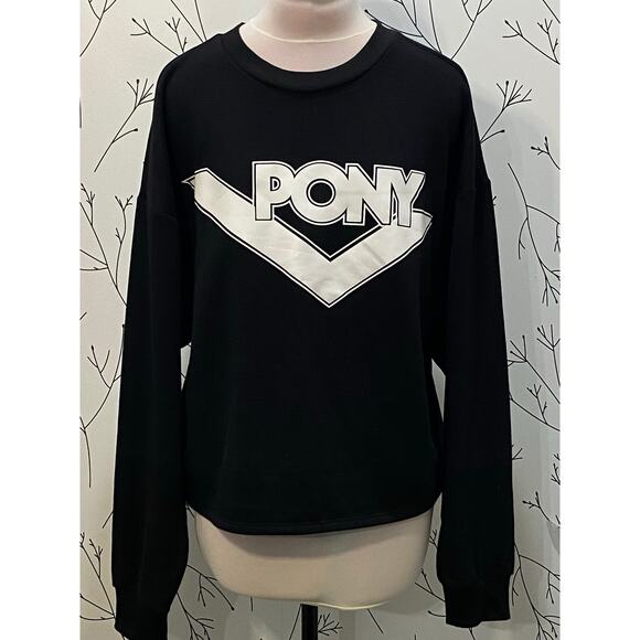 PONY Black White Spellout Crewneck Oversized Cropped Sweatshirt MEDIUM Retro - Picture 2 of 6